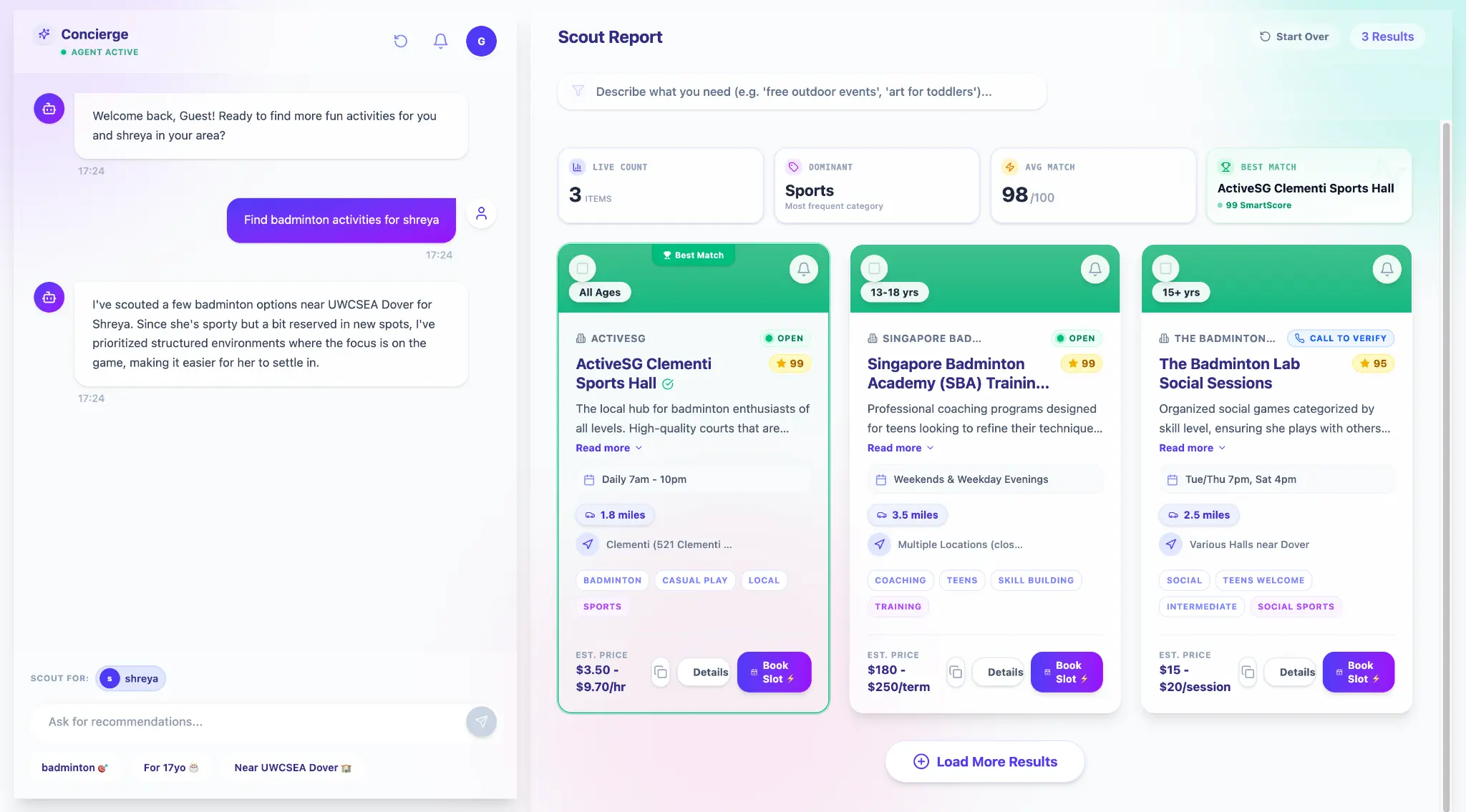 Nextplay app interface showing AI chat and activity dashboard